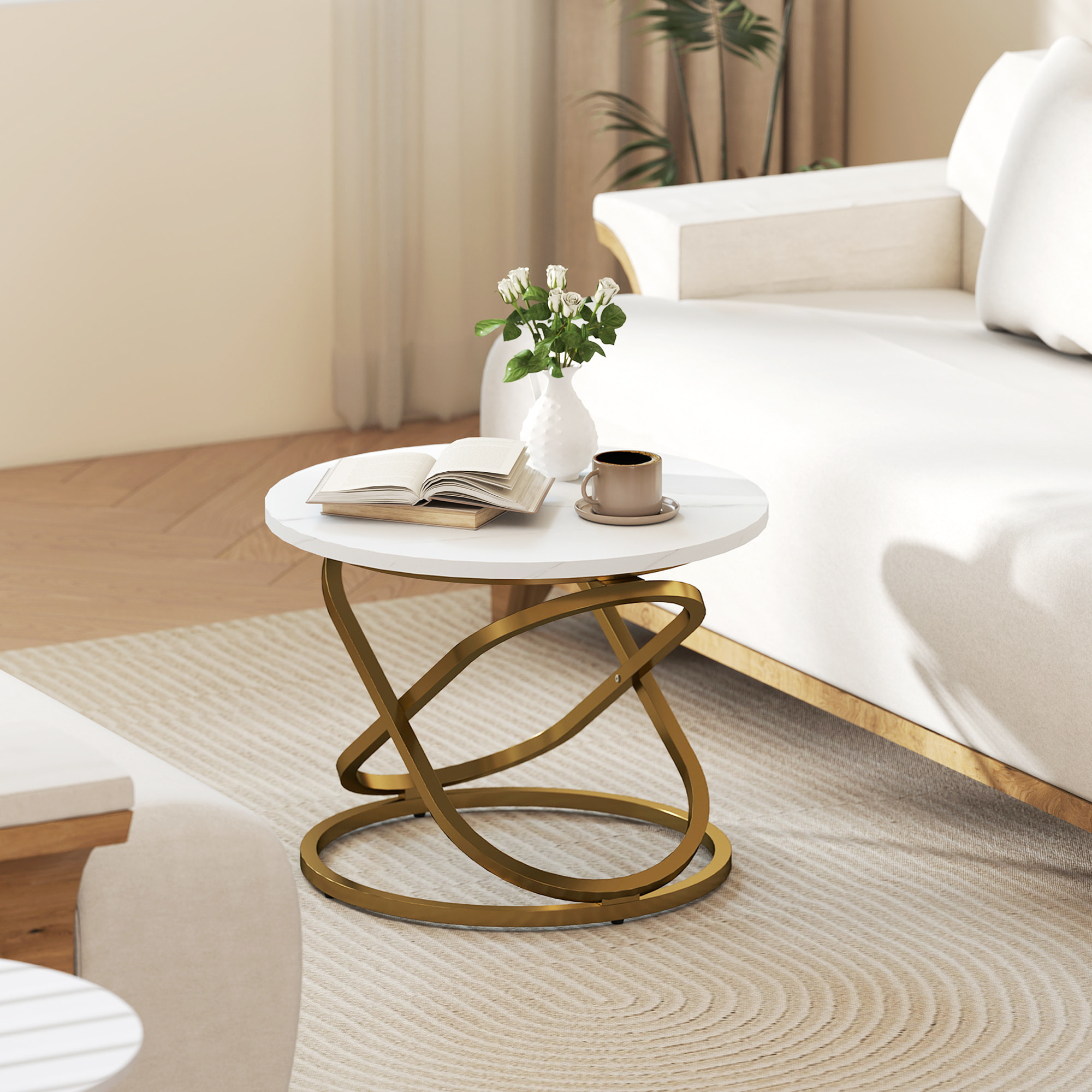 Table basse ronde design dia. 60 x 46 cm acier anneaux doré aspect marbre blanc