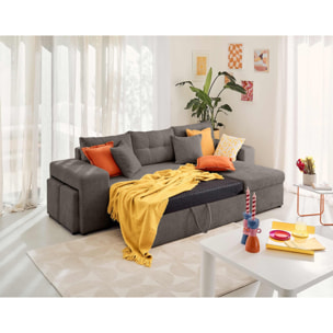 California - canapé d'angle réversible 4 places - convertible avec coffre, étagère et poufs - en velours texturé - Gris