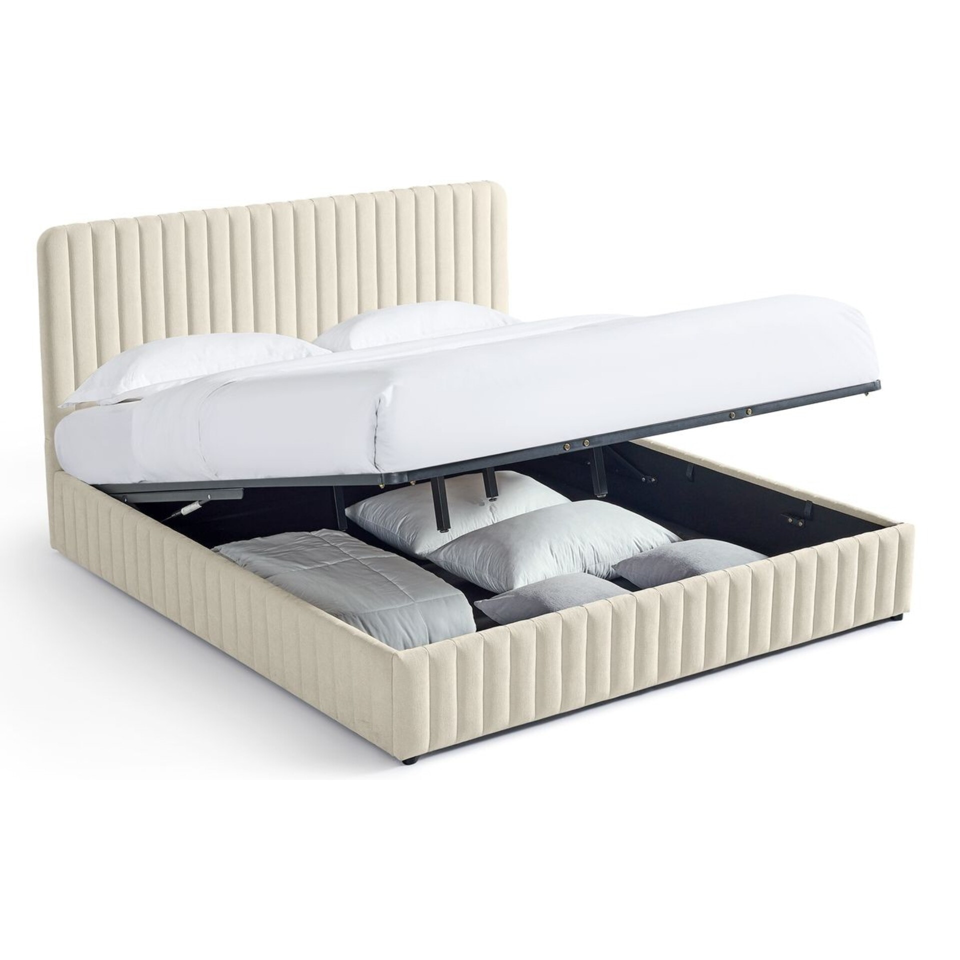 Lit coffre adulte avec tête de lit capitonnée en tissu chenille - ALTO