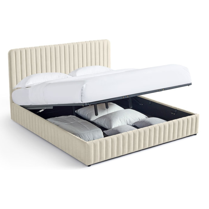 Lit coffre adulte avec tête de lit capitonnée en tissu chenille - ALTO