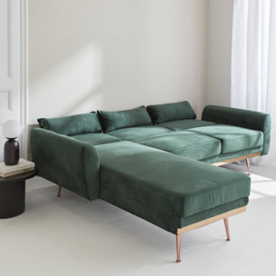 Canapé d'angle convertible. réversible 3 places. velours vert anglais. pieds fins or rose