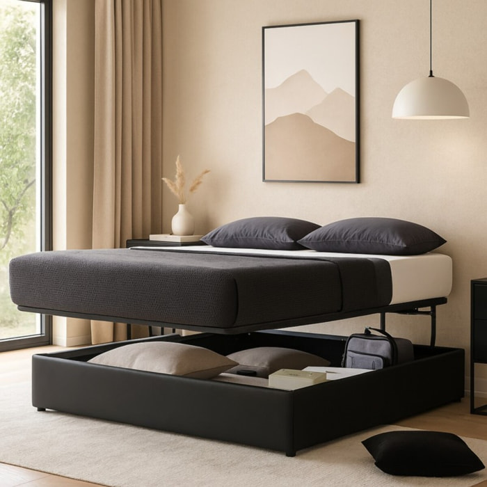 Lit coffre Parallèle | 3 Positions : Stocker, Faire Le lit, Repos | Espace de stockage jusqu'à 900 L | Simili cuir | Noir