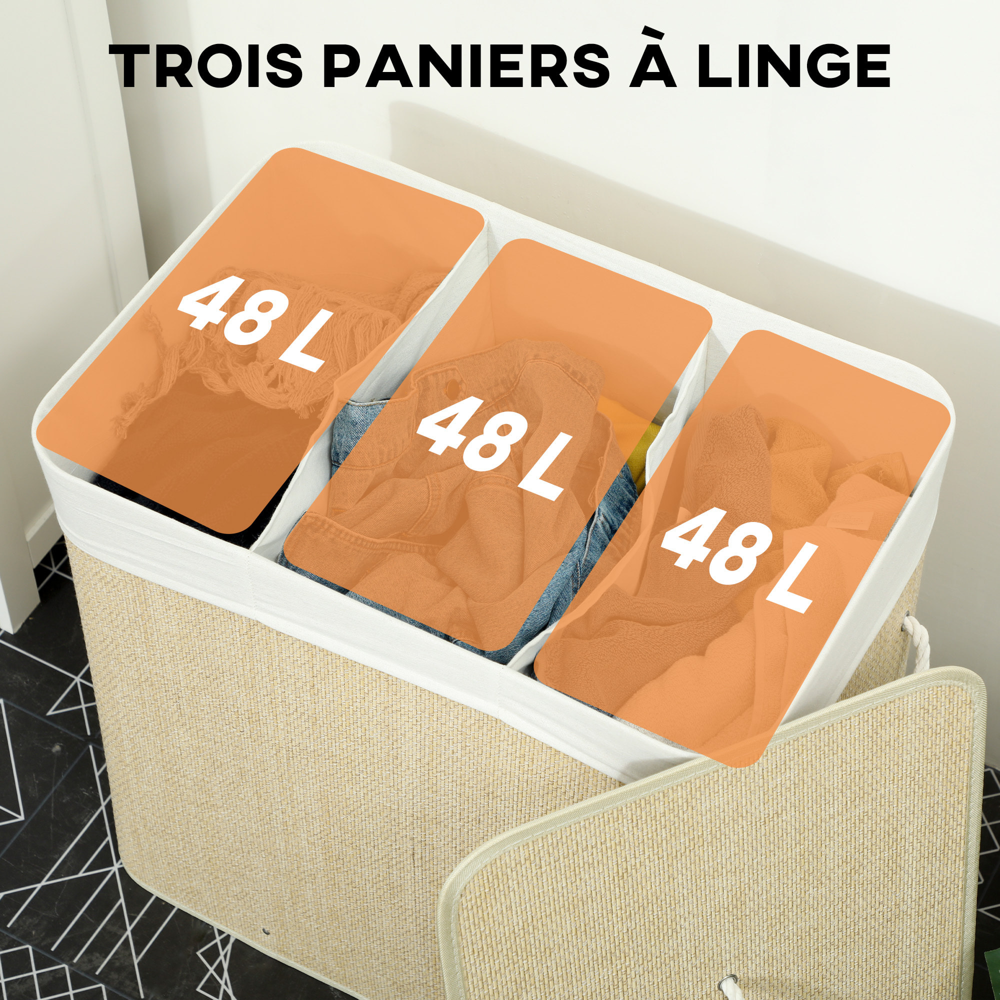 Panier à linge double 144L - corbeille à linge avec couvercle et poignées - tissage bambou écru