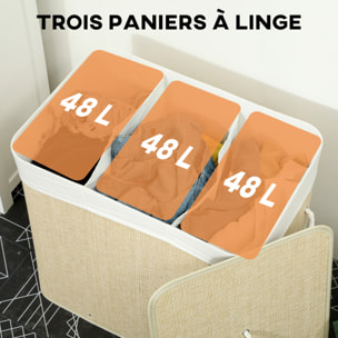Panier à linge double 144L - corbeille à linge avec couvercle et poignées - tissage bambou écru