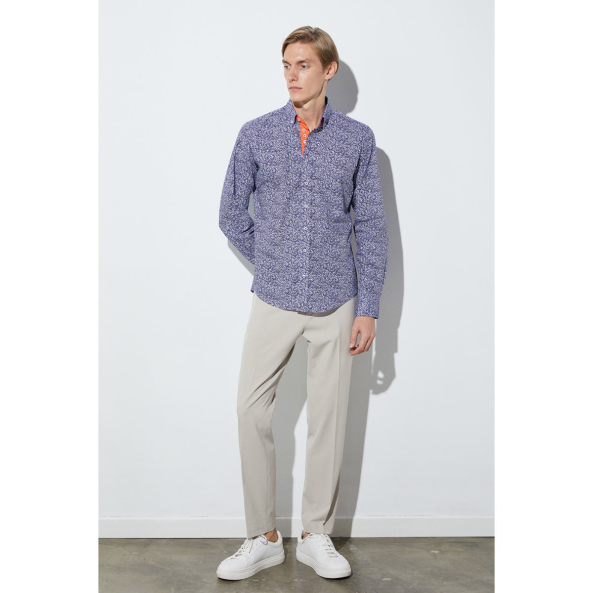 Camicia Uomo 1 Bottoni Button Down Slim Popeline Stampato Bianco/Bluette