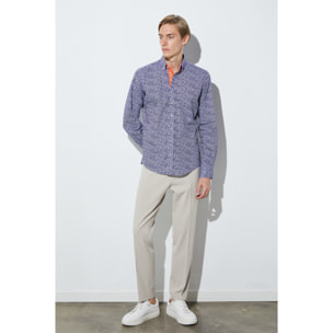 Camicia Uomo 1 Bottoni Button Down Slim Popeline Stampato Bianco/Bluette