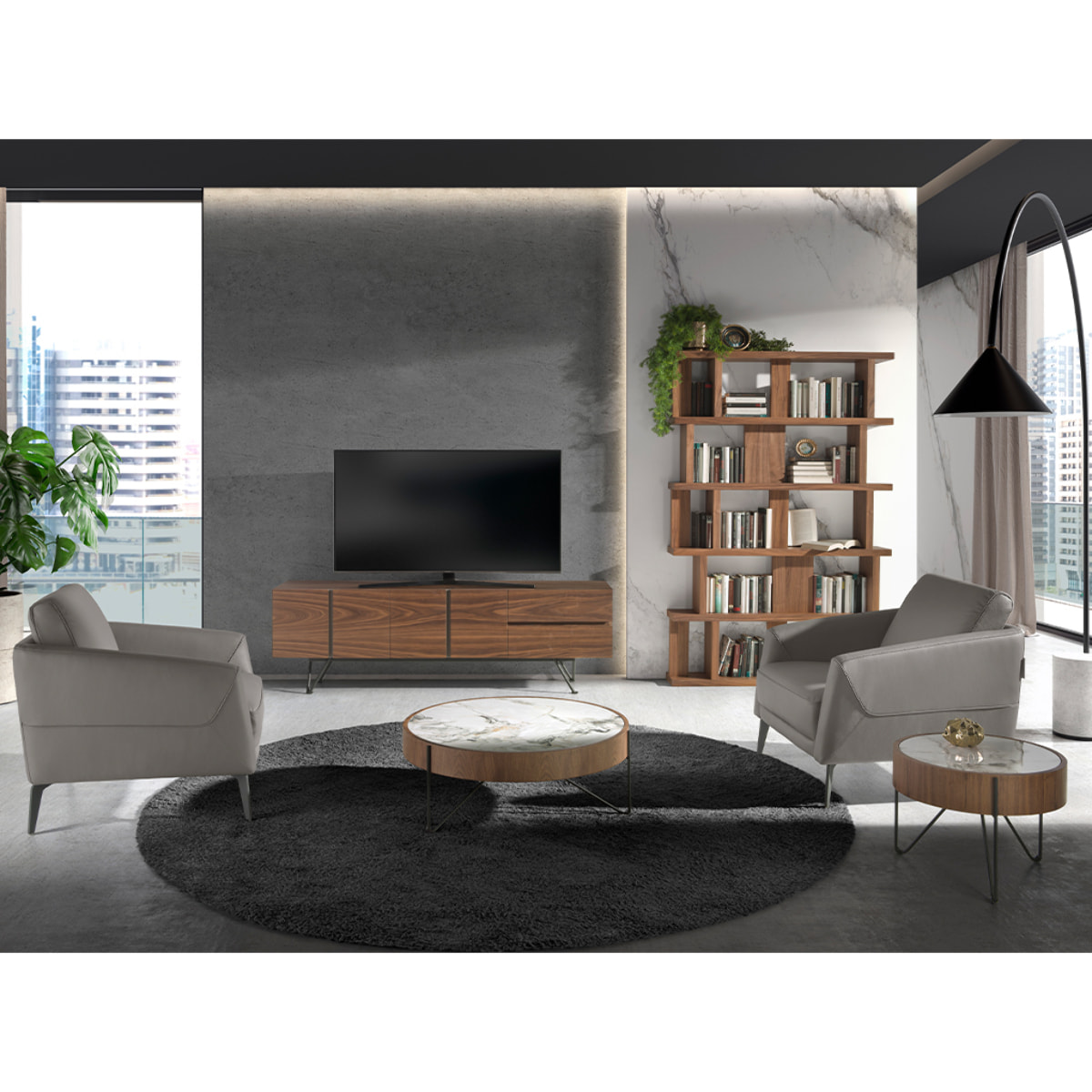 Mesa rincón Angel Cerdá redonda en madera chapada en nogal natural y una tapa de mármol porcelánico blanco con vetas en tonalidades grises y marrones en acabado brillo 50x50x38cm