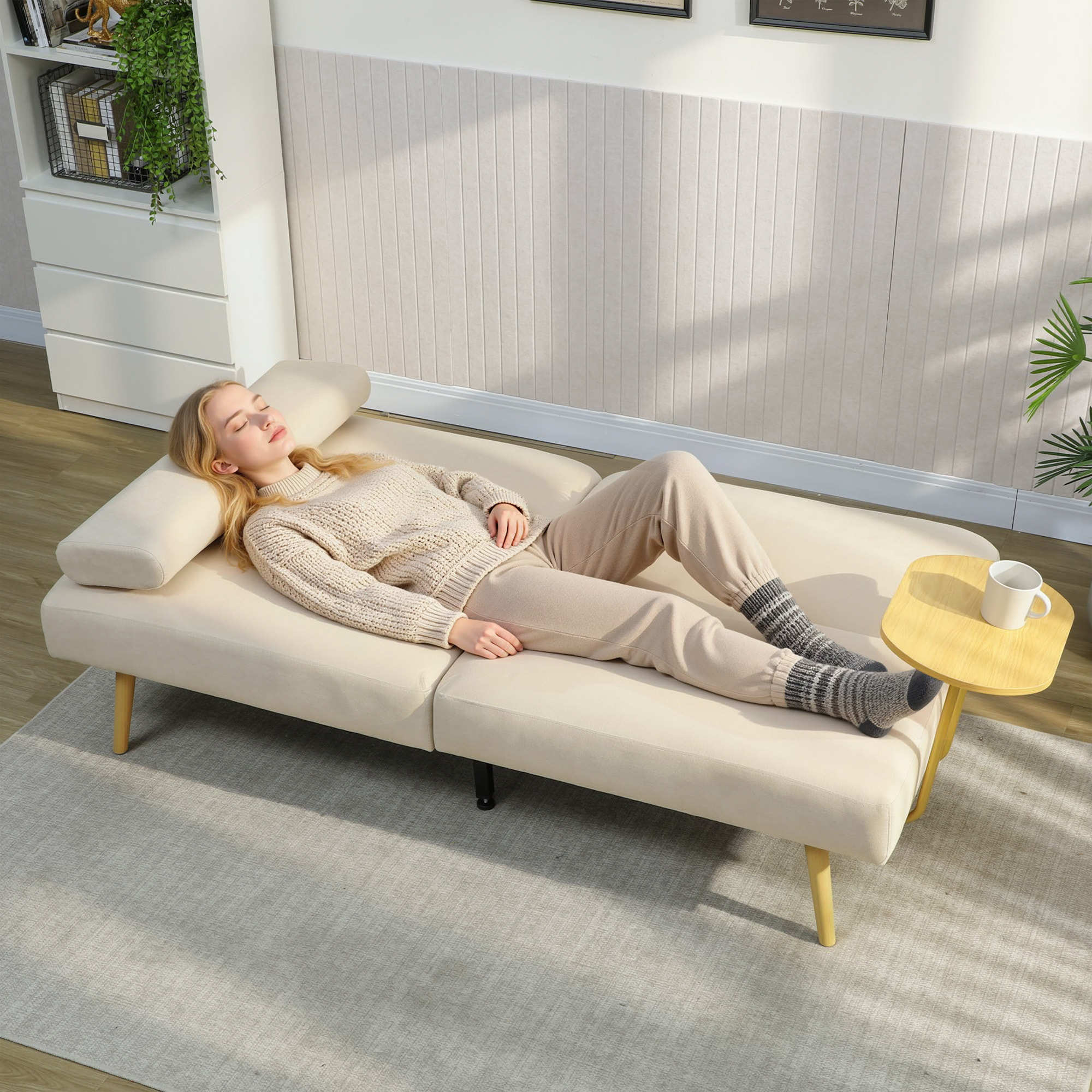 Sofá Cama de 3 Plazas con Mesa Auxiliar, 3 en 1, Sofá Cama Convertible con Respaldo Ajustable, Apertura Clik-Clak, 2 Almohadas para Reposabrazos y Patas de Metal, 196x86x81 cm, Beige