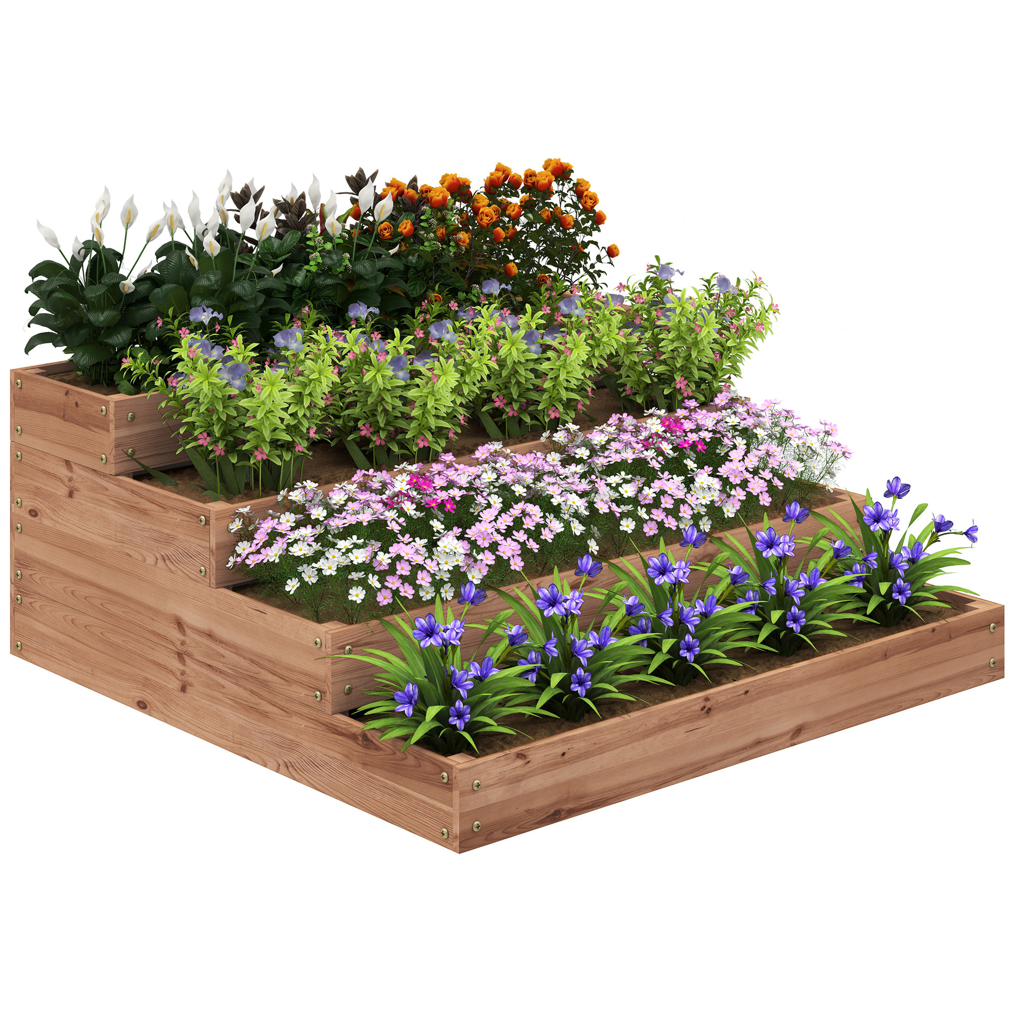 Jardinera de Madera Elevada de 4 Niveles Jardinera Exterior Grande con Diseño de Escalera Huerto Urbano para Cultivos Plantas Flores para Patio Terraza Balcón 113x113x46 cm Café Oscuro