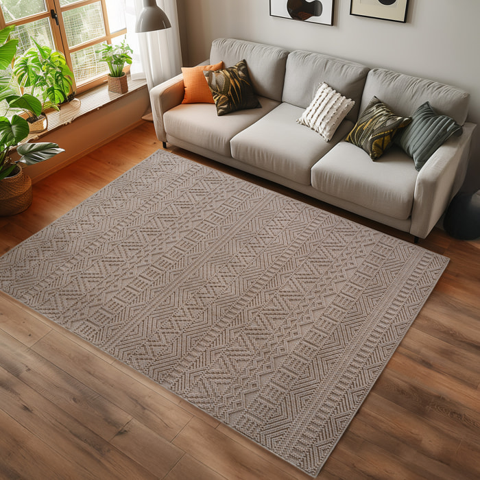 HELIX - Tapis moderne effet laine bouclé à motif berbère en relief beige