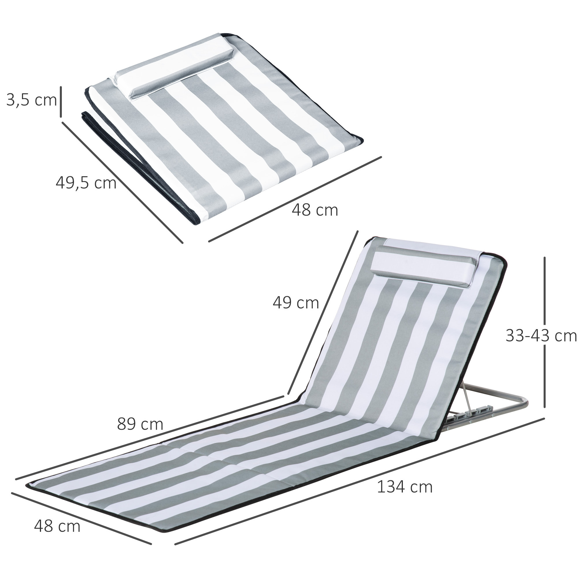 Conjunto de 2 Esterillas de Playa Plegables, Esterillas con Respaldo Reclinable en 5 Niveles, Reposacabezas y Bolsa de Transporte, 134x48x33-43 cm, Rayas Blanco y Gris