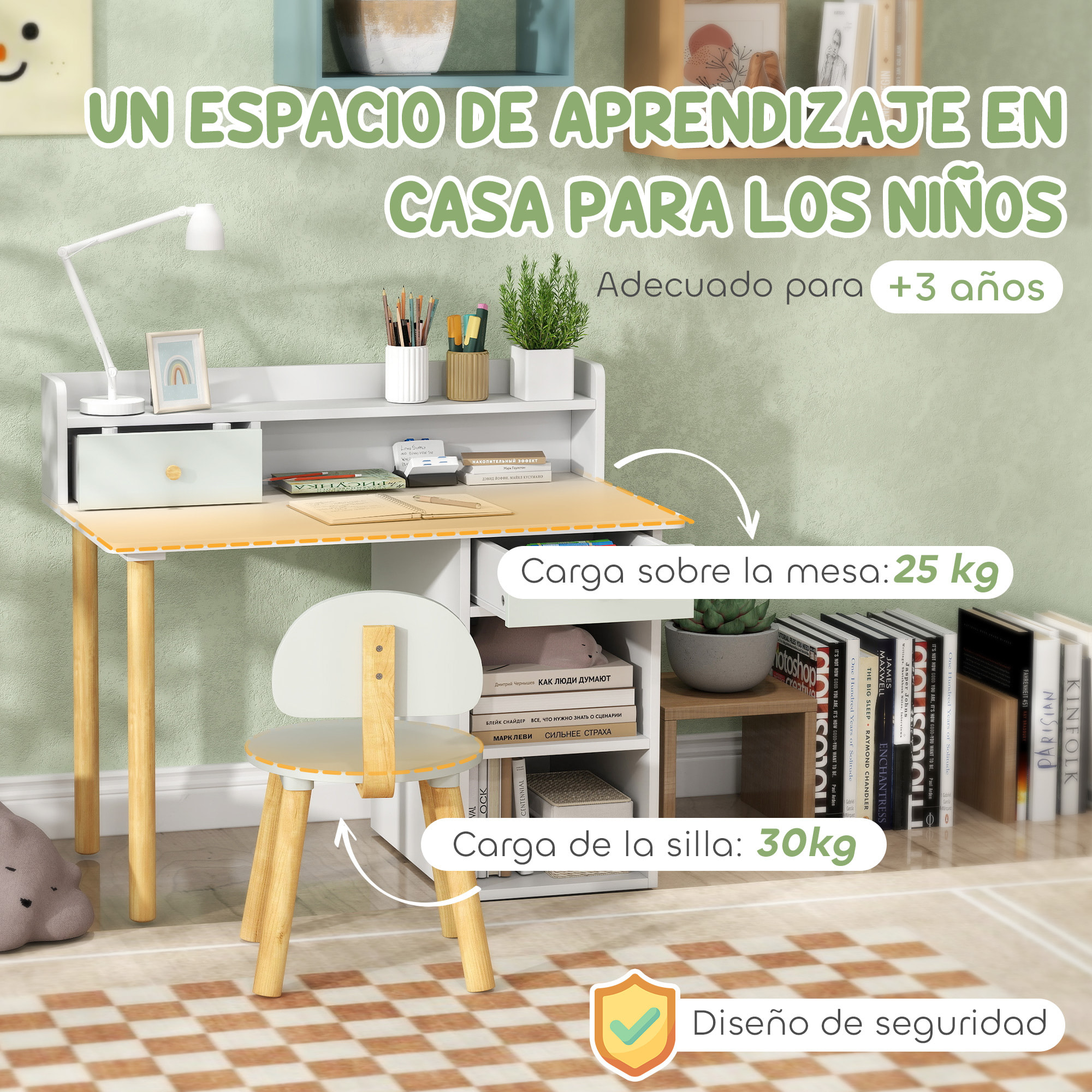 Juego de Escritorio y Silla para Niños de +3 Años Pupitre Infantil con Cajones Compartimento y Estantes para Dormitorio Sala Estudio Verde y Blanco
