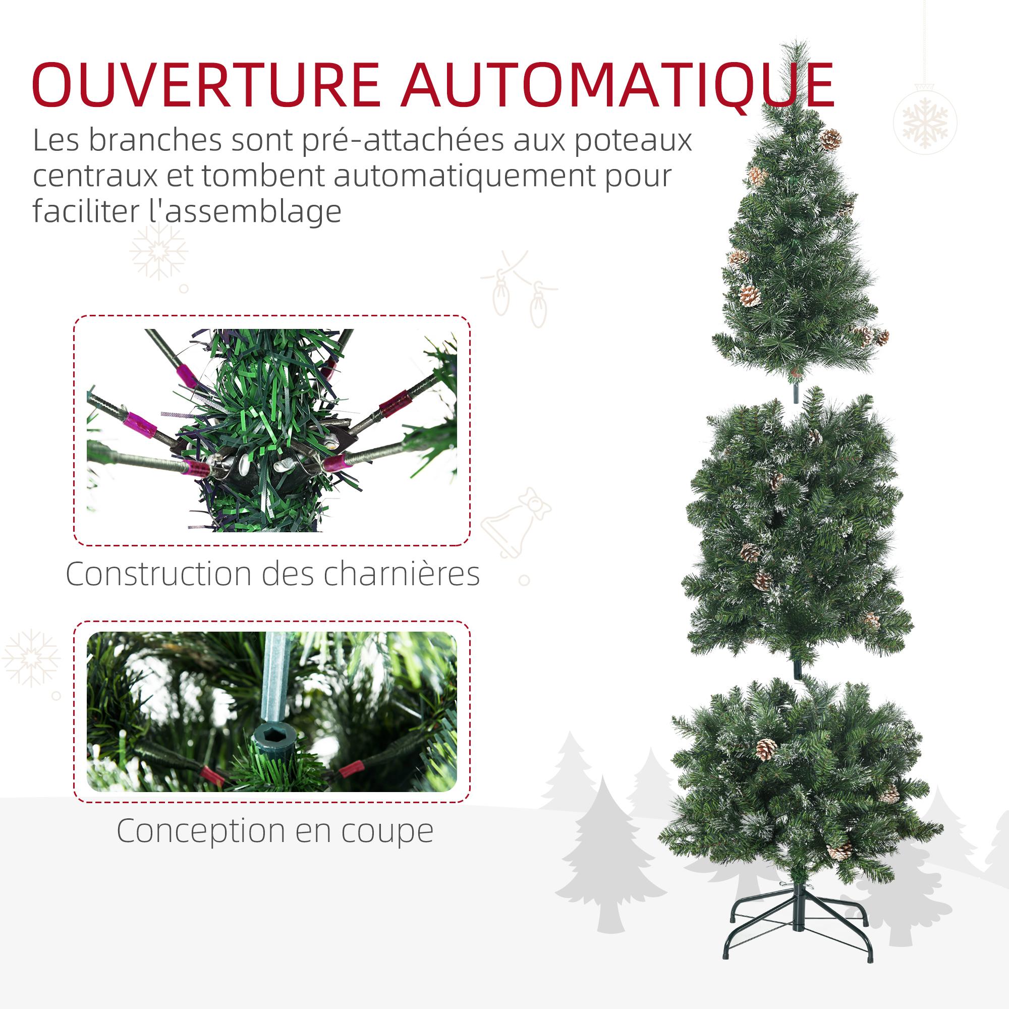 Sapin de Noël artificiel aspect enneigé Ø 65 x 180H cm 37 pommes de pin 618 branches épines imitation Nordmann grand réalisme