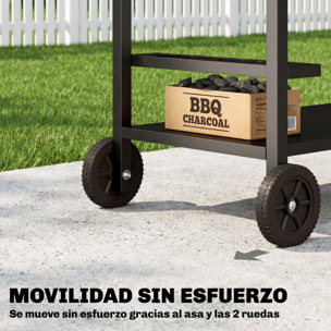 Carrito de Barbacoa de 2 Niveles Mesa Auxiliar para Barbacoa Móvil con Ruedas Portabebidas Ganchos Asa Encimera Imitación madera Mesa de Horno de Pizza para Exterior Negro y Marrón