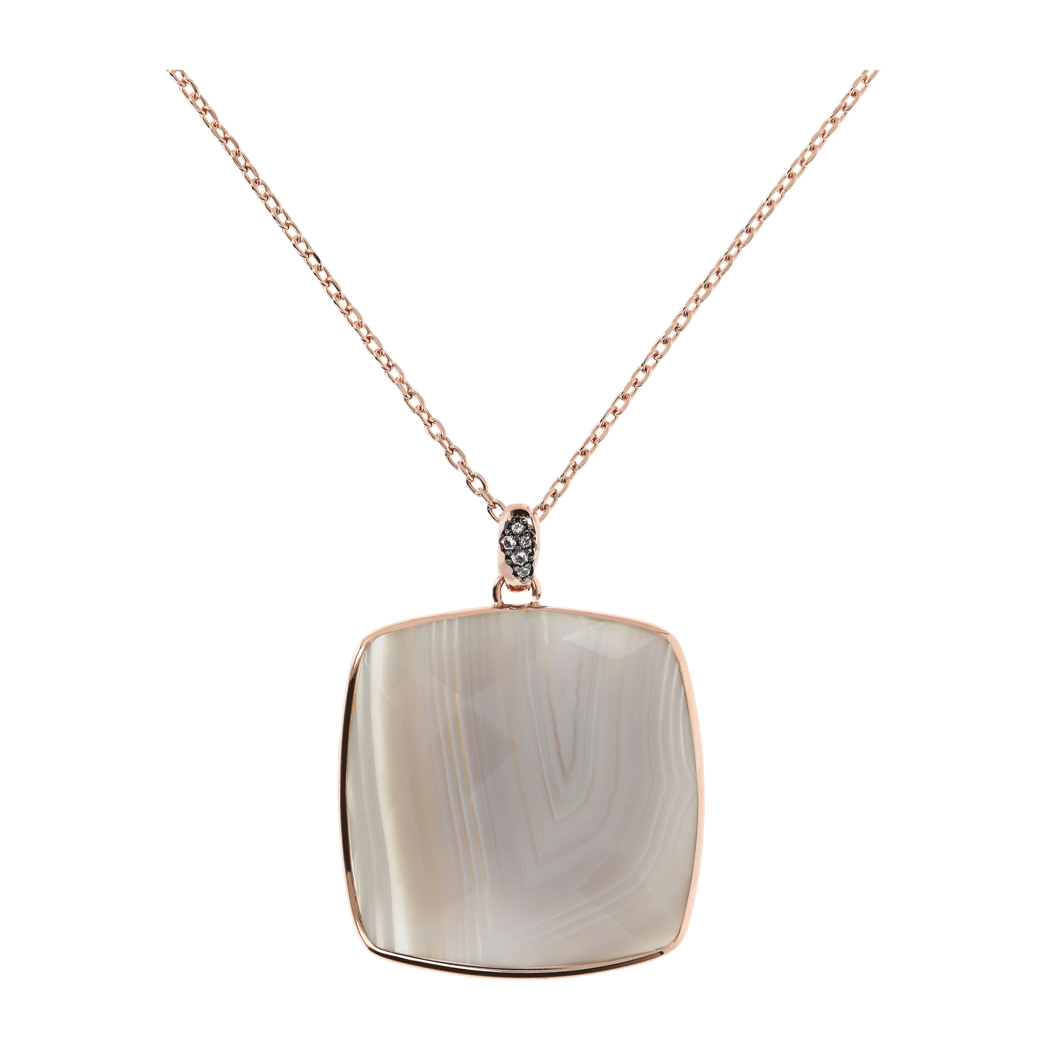 Collana con Pendente in Pietra Naturale Quadrata Agata Bianca e Pavé