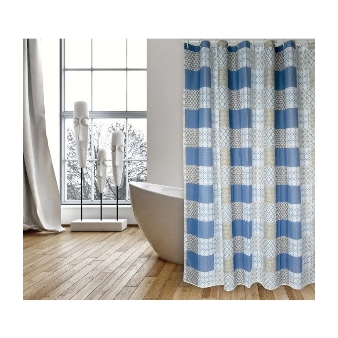 Rideau de douche Polyester CERAMIQUE 180x200cm QUALITE PREMIUM Bleu - Anneaux inclus MSV