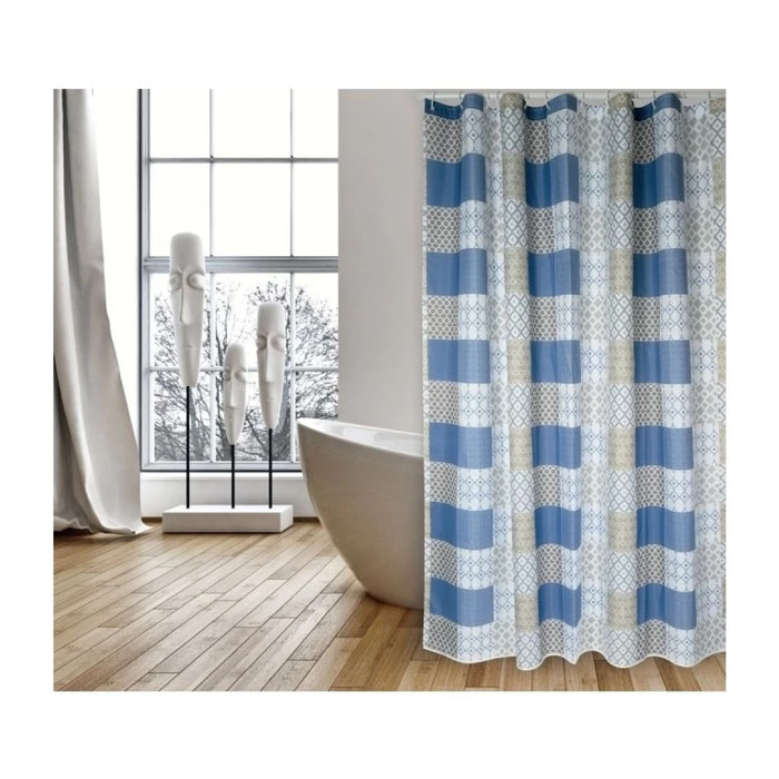 Rideau de douche Polyester CERAMIQUE 180x200cm QUALITE PREMIUM Bleu - Anneaux inclus MSV