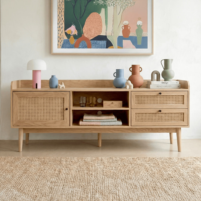 Meuble TV 1 porte 2 tiroirs en cannage et bois - EDEN