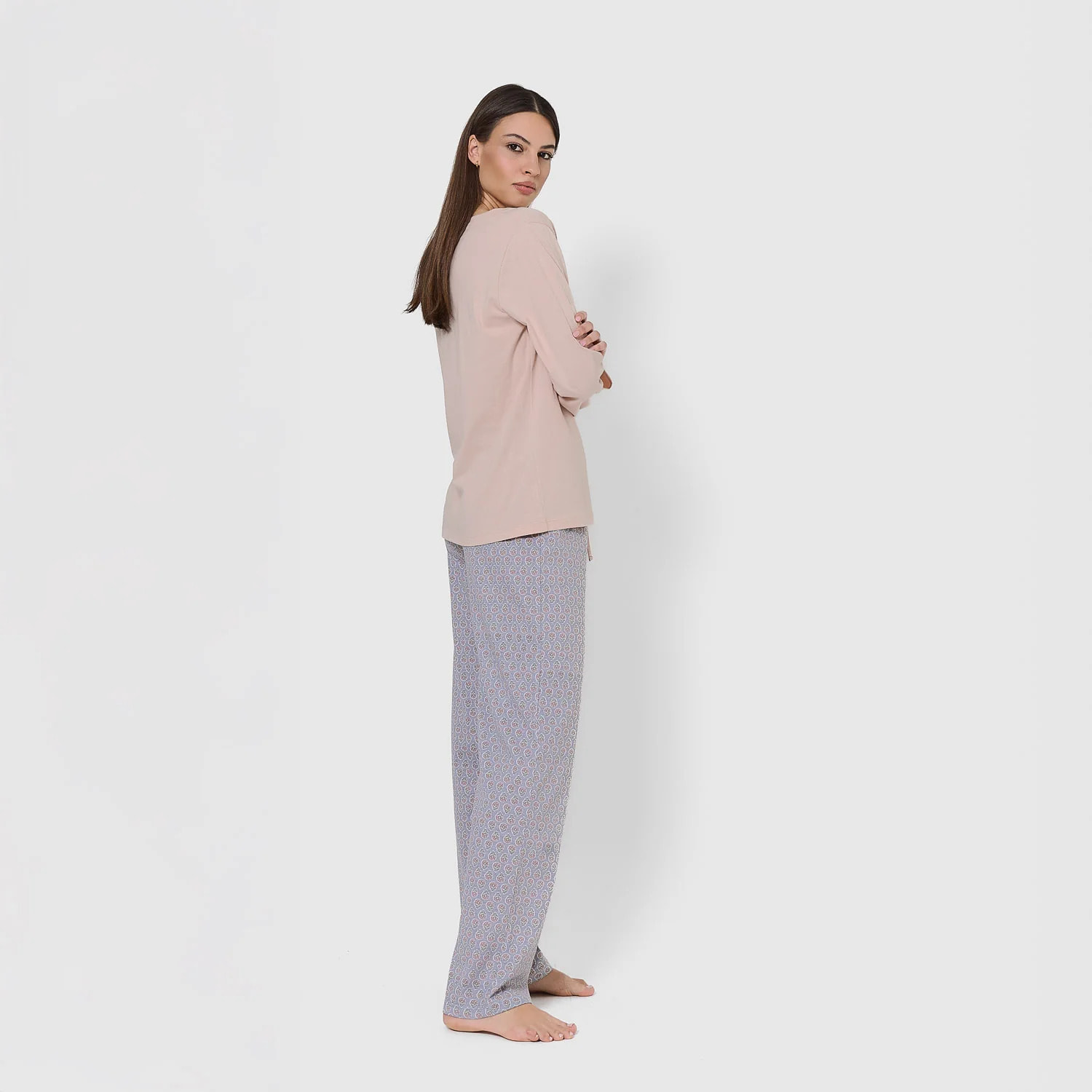 Pigiama lungo milena rosa in cotone con scollo a v