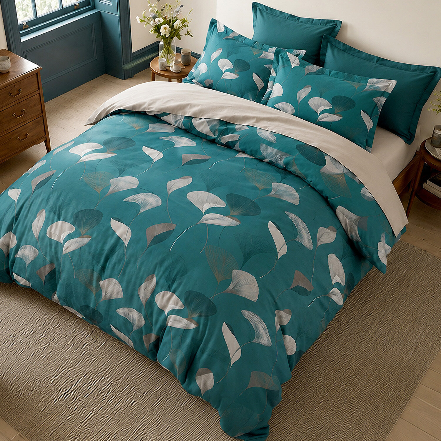 Parure housse de couette 100% coton motif feuilles de Ginkgo bleu canard et ocre - Apoline