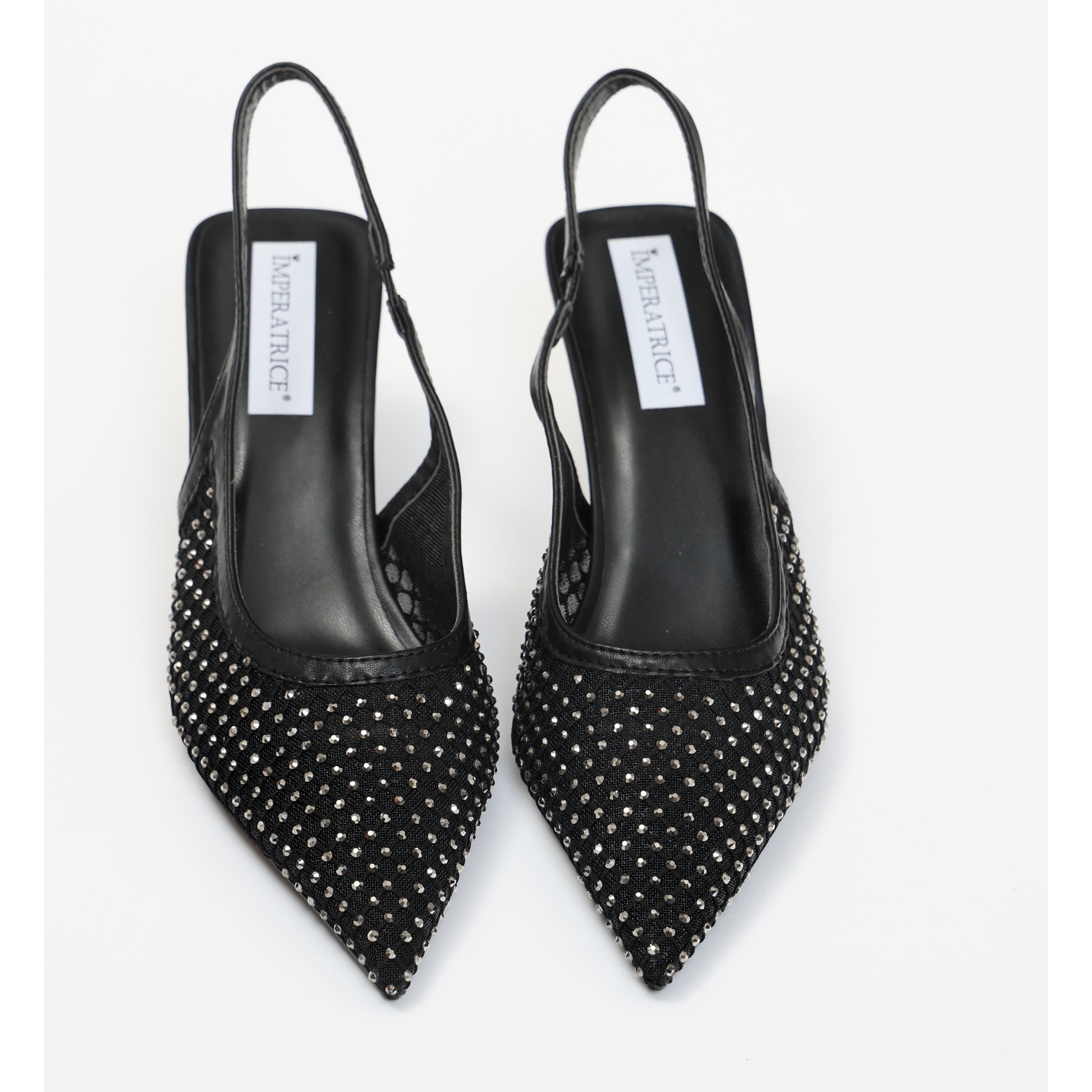 Dècolletè slingback con tacco a rocchetto in tessuto traforato con strass