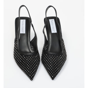 Dècolletè slingback con tacco a rocchetto in tessuto traforato con strass