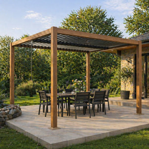 Pergola bioclimatique structure aluminium effet bois lames orientables 3x3m MILL