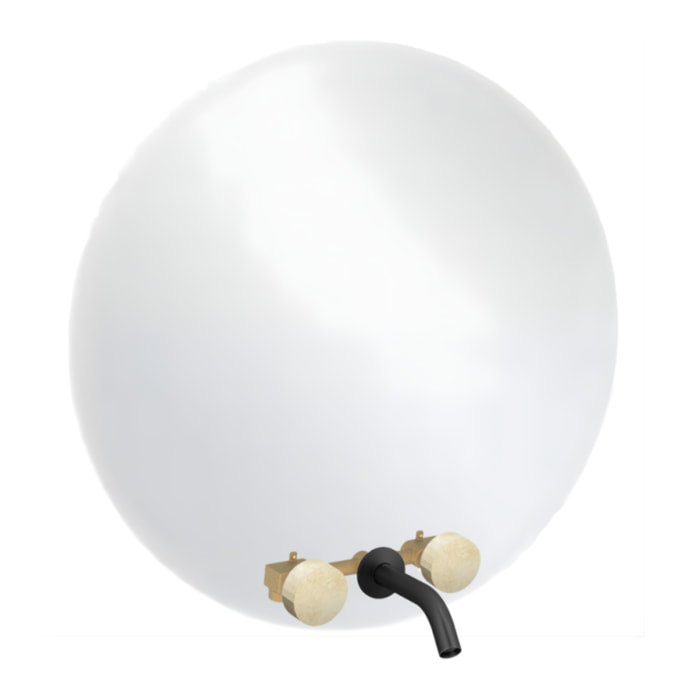 Miroir LED rond 3 trous + mélangeur lavabo encastré 3 trous Grands Boulevards marbré travertin sable et noir