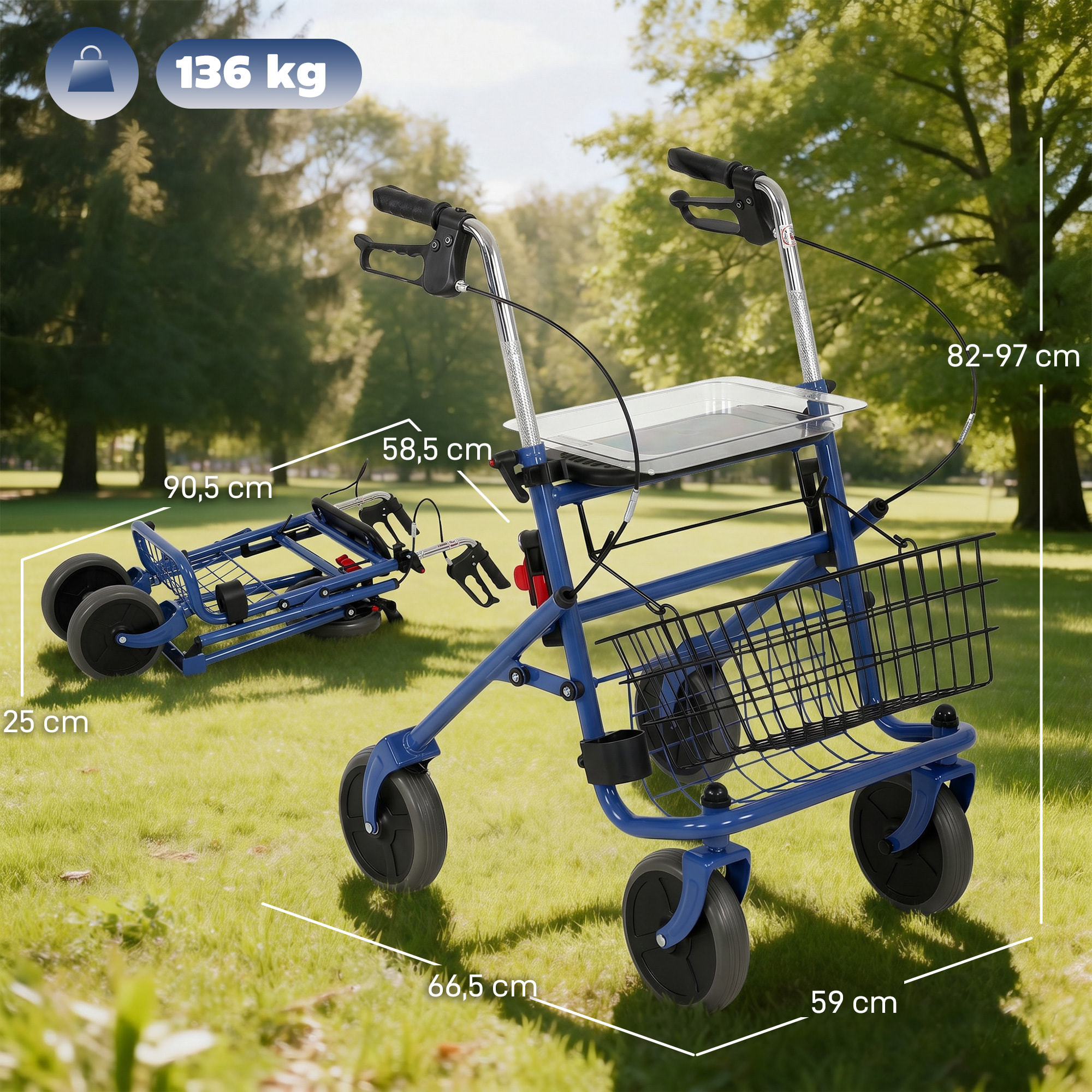 Andador para Ancianos Plegable, Andadores Adultos para Personas Mayores con Asiento y 4 Ruedas Altura Ajustable Frenos de Maneta Cesta Bandeja y Porta Bastón Azul