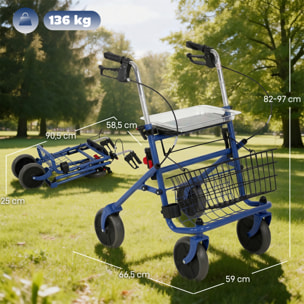 Andador para Ancianos Plegable, Andadores Adultos para Personas Mayores con Asiento y 4 Ruedas Altura Ajustable Frenos de Maneta Cesta Bandeja y Porta Bastón Azul