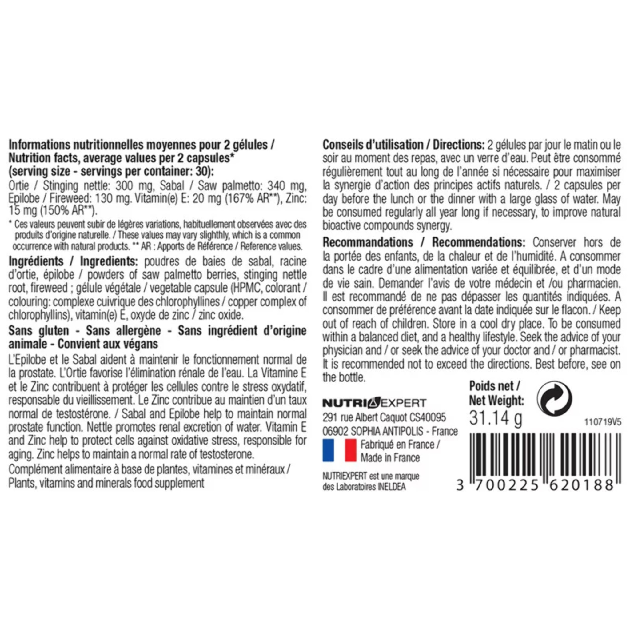 NUTRI EXPERT - Prostagenol - Confort urinaire et maintien du fonctionnement de la prostate - 60 gélules végétales - Lot de 2 produits