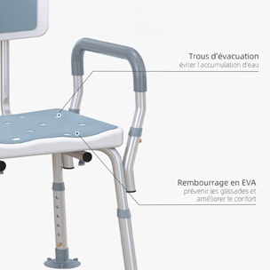 Chaise de douche siège de douche ergonomique hauteur réglable pieds antidérapants max. 136 Kg alu HDPE blanc bleu