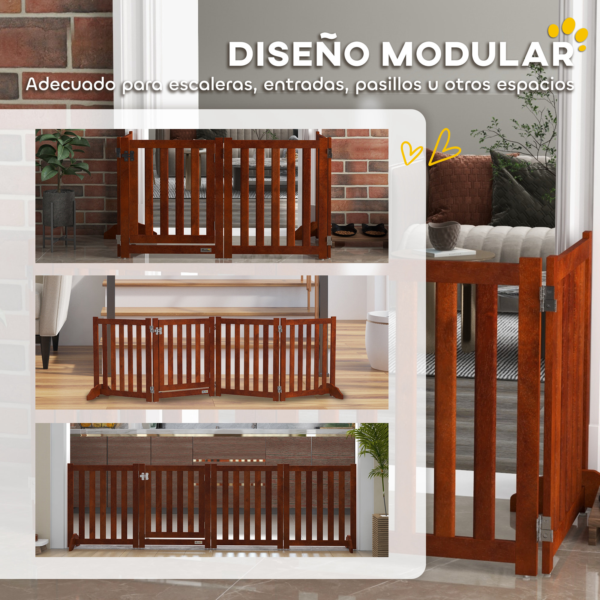 Barrera de Seguridad para Perros Plegable para Escaleras y Puertas Valla para Perros Pequeños de 4 Paneles con Soporte de Pie para Interiores 205x30x60 cm Marrón