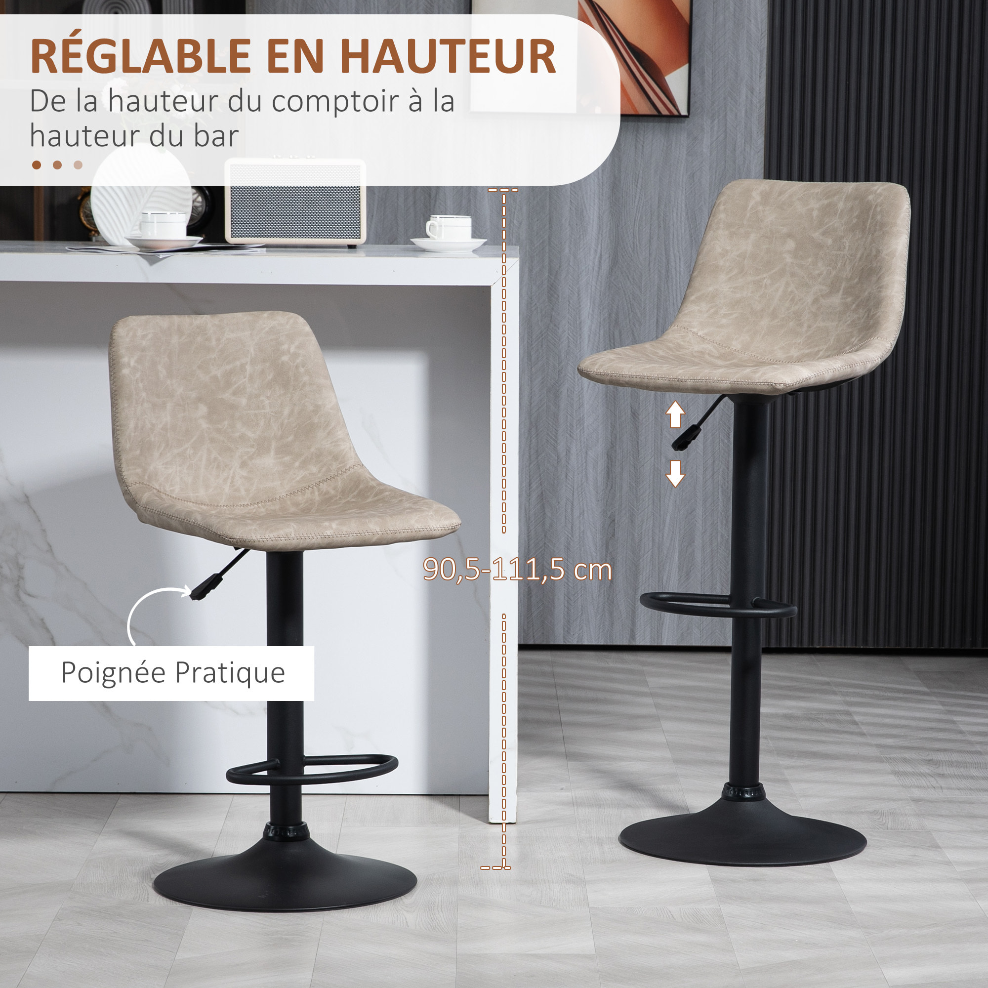 Lot de 2 tabourets de bar Vintage hauteur réglable pivotant avec repose-pied PU avec surpiqûres beige