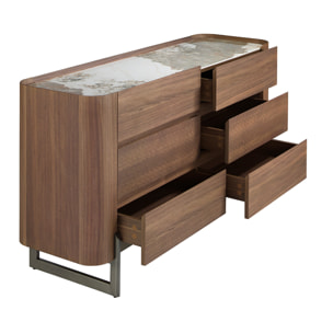 Cómoda de madera chapada en nogal natural y patas de acero inoxidable oscuro metalizado 145x45x78cm