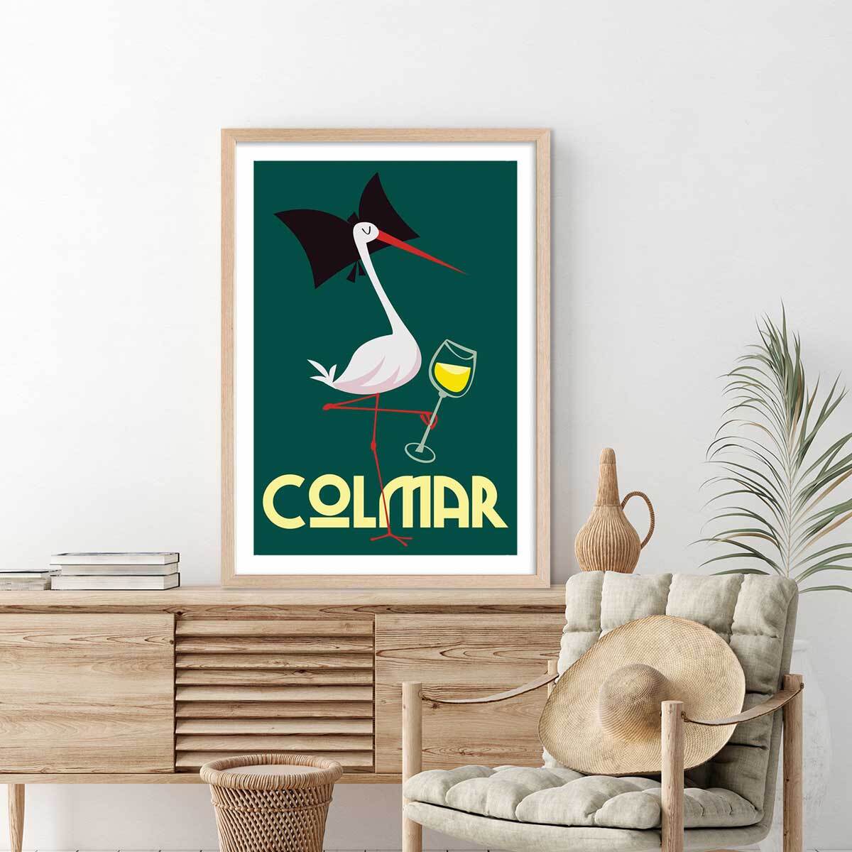 Affiche Cigogne de Colmar Affiche + cadre en bois - Chêne