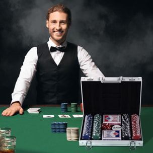 Mallette pro poker coffret complet 30L x 21l x 6,5H cm 200 jetons 2 jeux de cartes + 2 clés aluminium