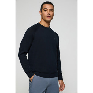 Maglione blu marino in lino e cotone a girocollo e ricamo Rigby Go