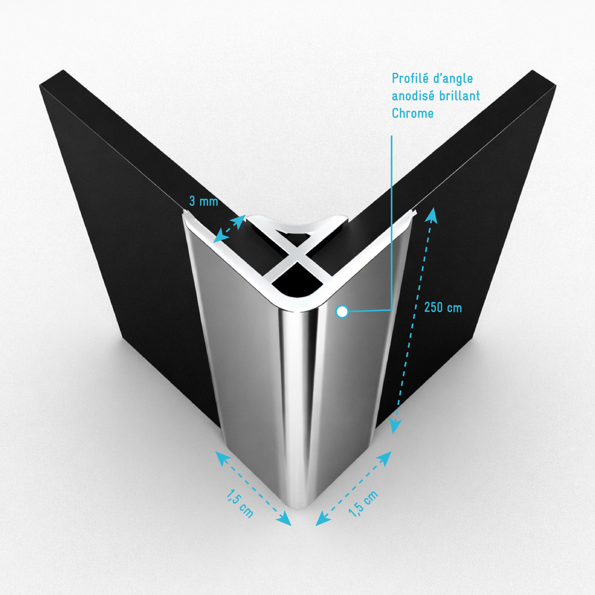 Profilé Mural d'Angle en Aluminium Chrome H250 cm compatible avec WALL'IT et STONE'IT
