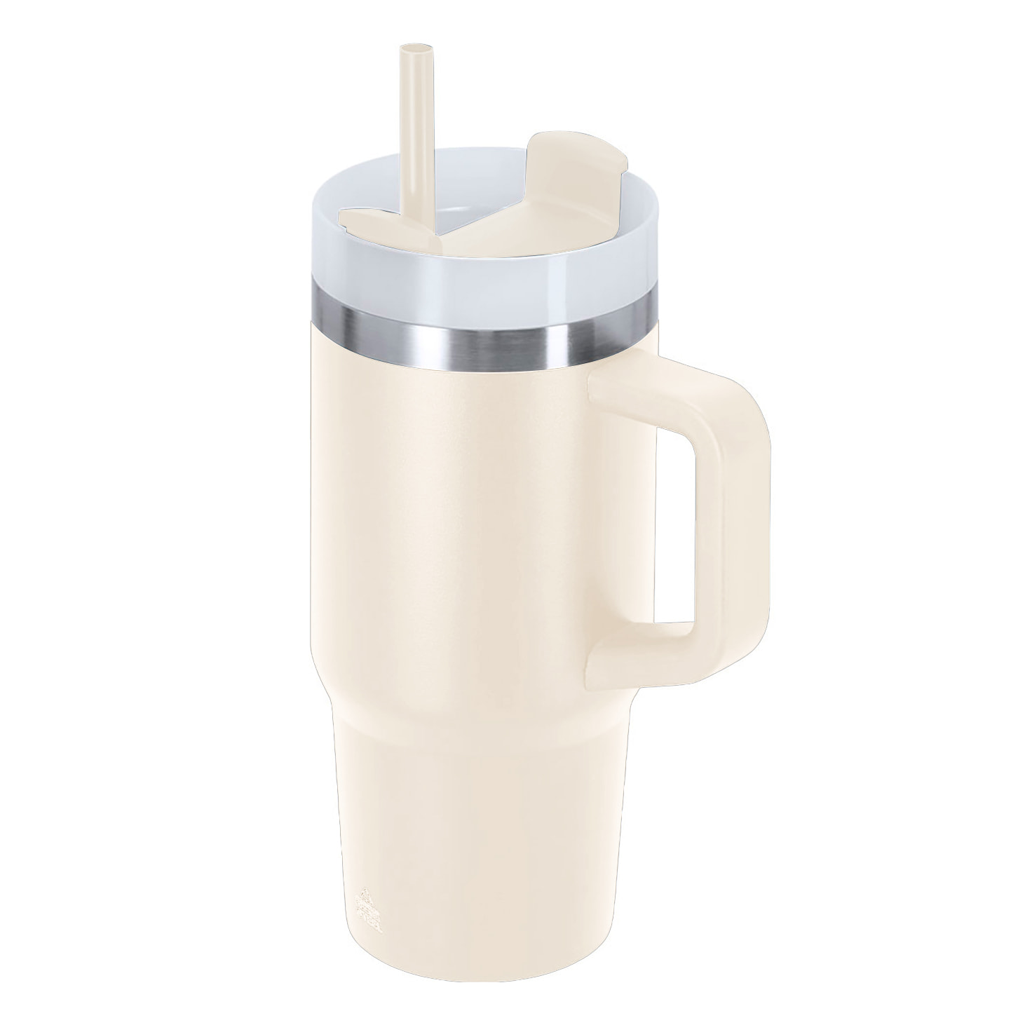 Tazza termica in Acciaio Inox Riciclato a doppia parete e capacità di 450 ml. Con coperchio a chiusura a pressione con foro per bere e coperchio scorrevole per cannuccia.