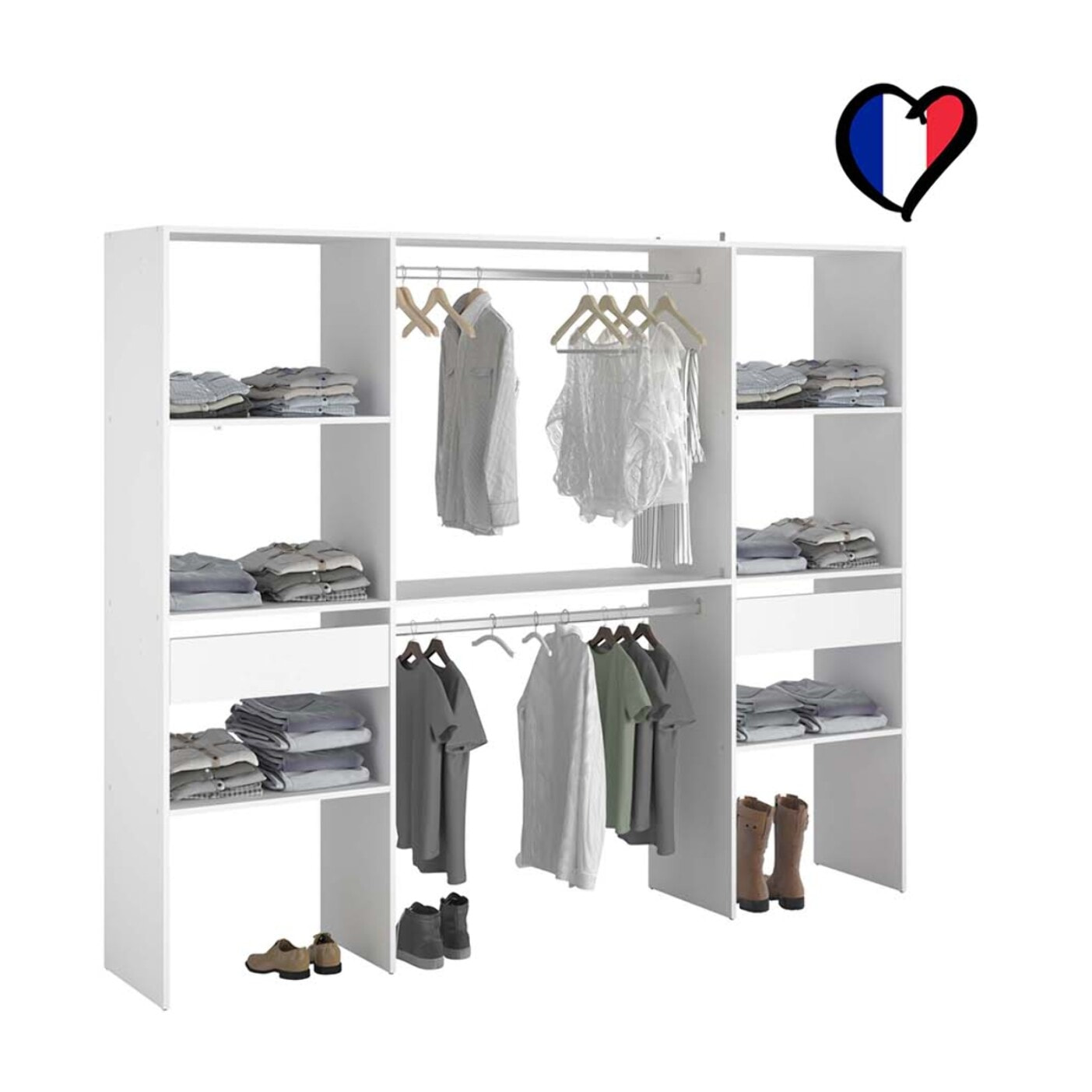 Grand dressing blanc avec 2 penderies, 6 étagères et 2 tiroirs MATIGNON