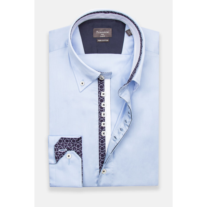 Camicia Uomo 2 Bottoni Button Down Slim Satin Unito Celeste
