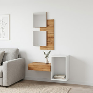 Set Mobile Ingresso Moderno Con Specchi Pensile A Giorno Mensola Con Cassetto Salvaspazio Mobile Da Parete 100 x 170 x 30 Cm Bianco E Rovere