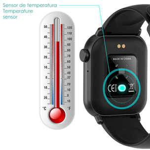 Smartwatch ZW27 con termómetro corporal y monitor de tensión. Modos deportivos, notificaciones de apps, sumergible.