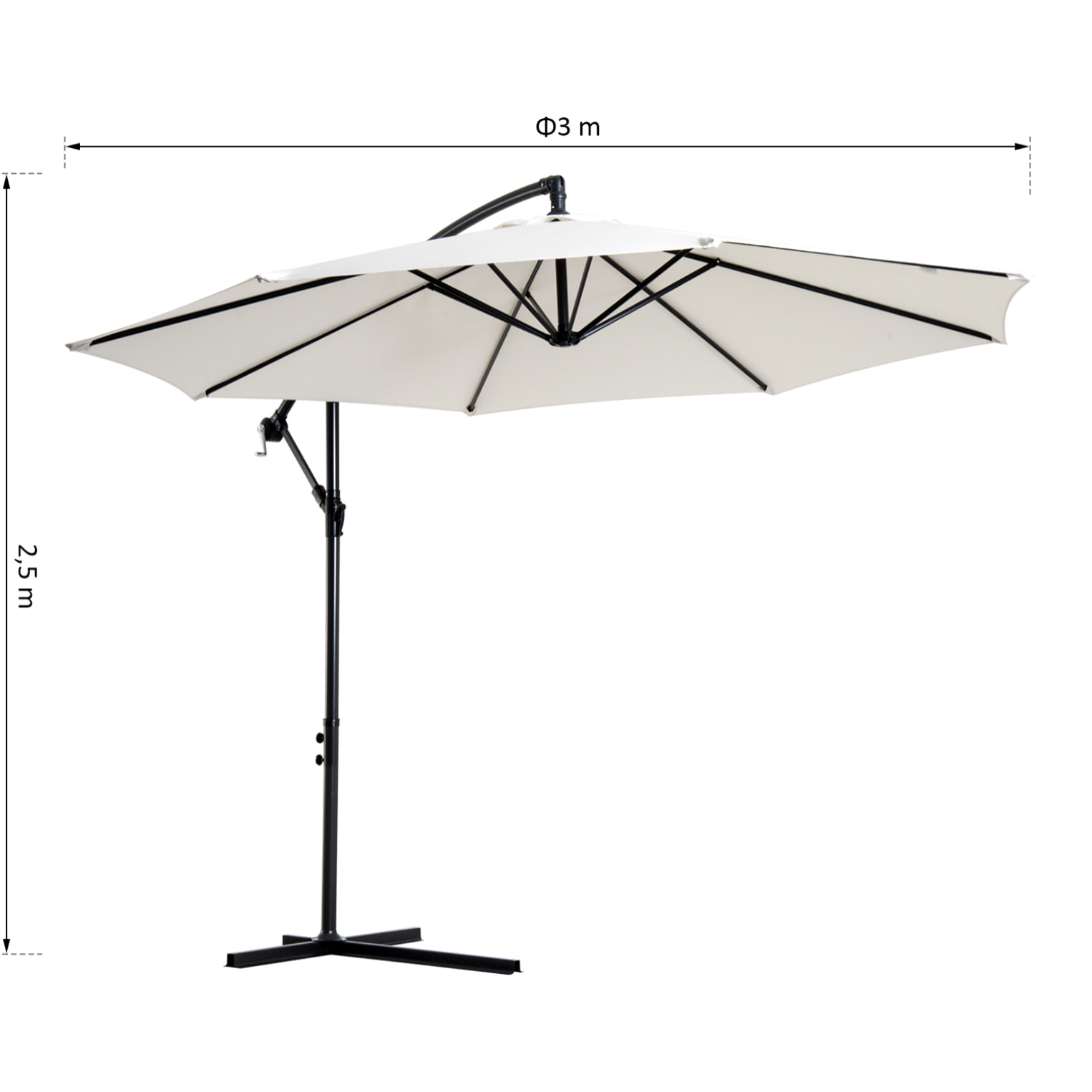 Parasol déporté octogonal inclinable manivelle pied acier Ø 3 x 2,5H m crème