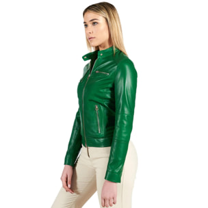 Giacca biker in pelle naturale verde effetto liscio