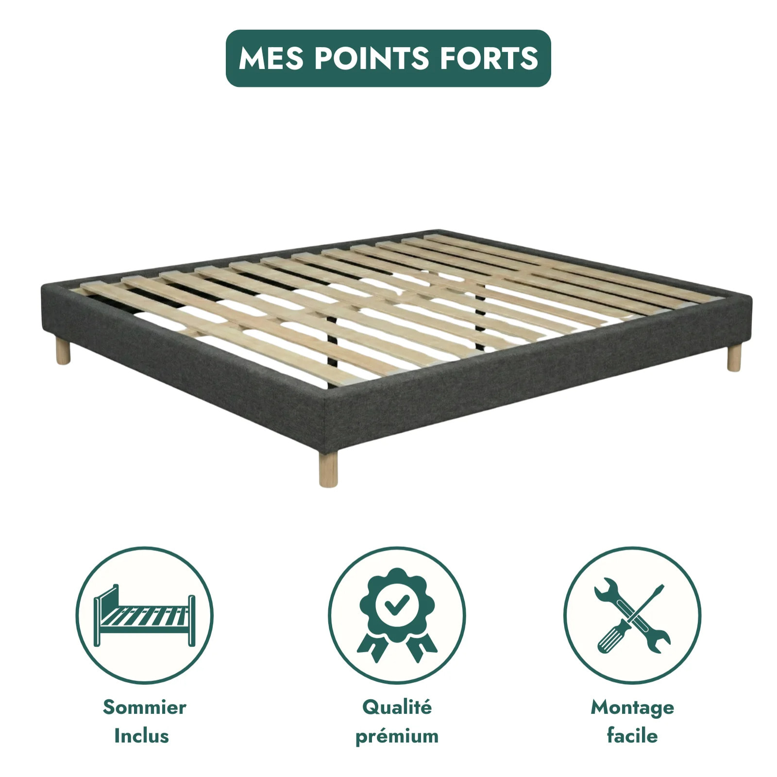 Ensemble matelas Bali & sommier Cancun| 33 cm | Mémoire de forme, gel et ressorts ensachés | Cadre à lattes | Tissu | Gris foncé