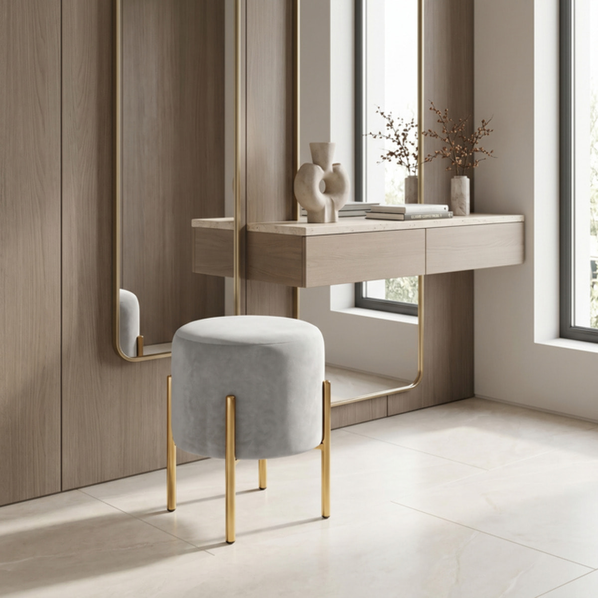 Pouf Tondo in Velluto con Gambe in Acciaio Dorate, Seduta Imbottita Elegante dallo Stile Contemporaneo per Soggiorno, Camera da Letto e Ingresso