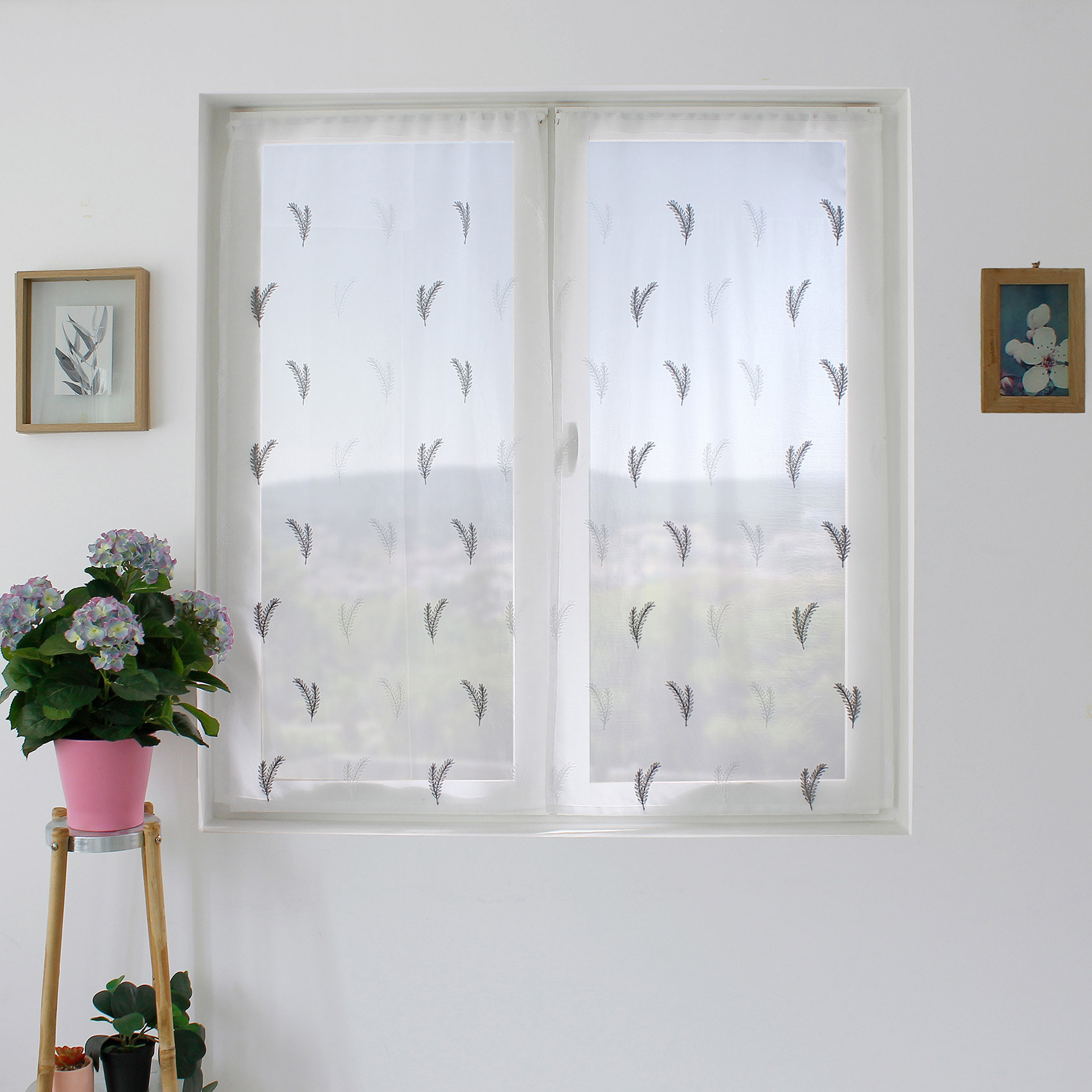 Paire de petits voilages aux broderies bicolores - Gris clair