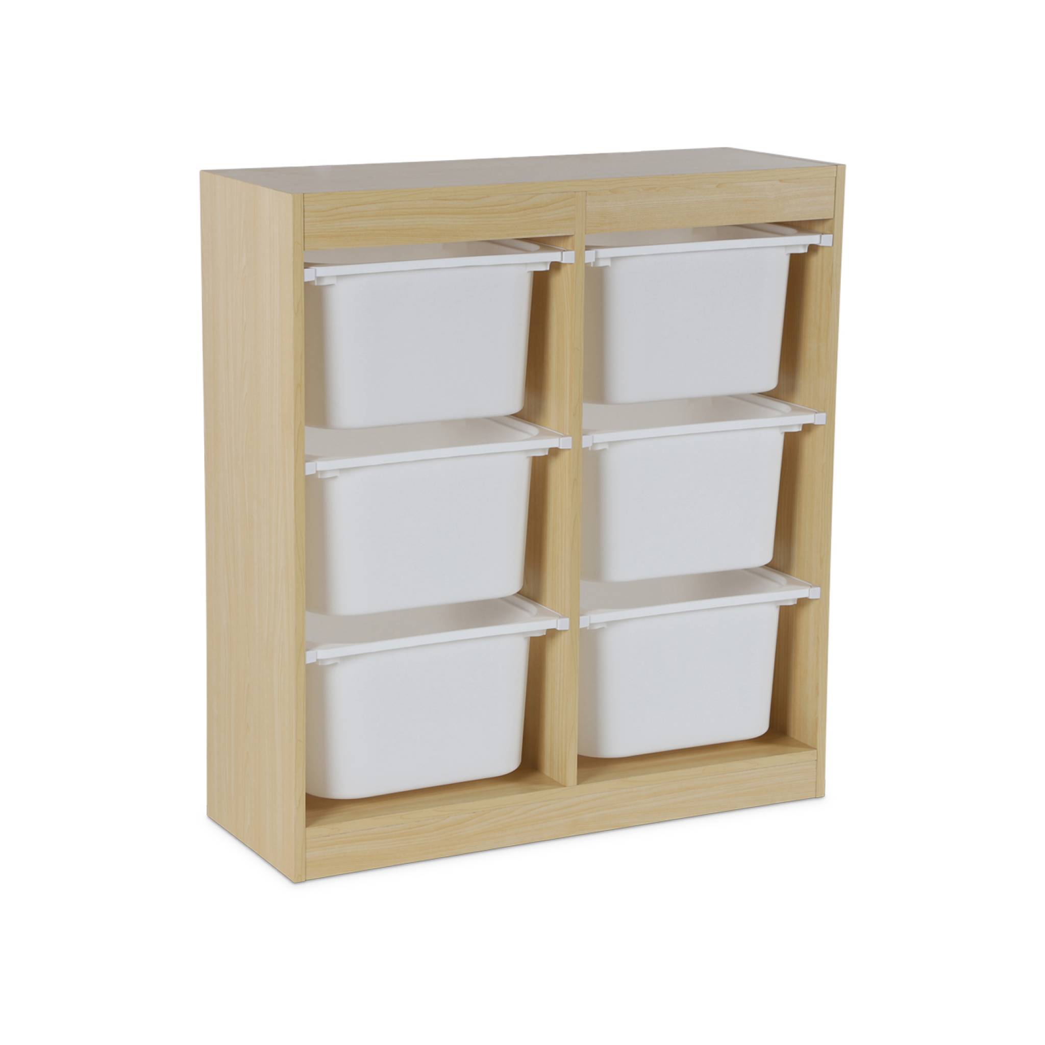 Meuble de rangement enfant. naturel. 6 bacs de rangement en plastique